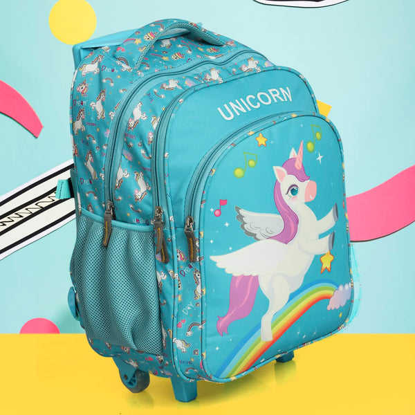 NOVEX Original Unicorn Kids Backpack Trolley Bag with 2 Wheel, Turquoise/Kids Backpack/Kids School Bag 18"