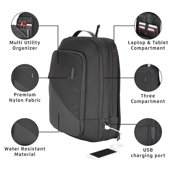 Safari SELECT 19L SAGE Formal Backpack, 17 Inch Laptop Pocket, Premium Fabric, Dedicated Tech Compartment, Water Resistant, USB Charging, Laptop & Tablet Bag, Backpack for Men & Women, Black