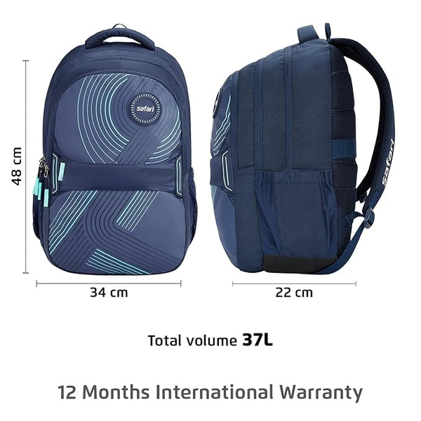 Safari Aura 37L Printed Laptop Backpack with Armor Base, Raincover, Antitheft Pocket, 3 Compartment, Bottle Holder, Front Pocket, Premium Pu Fabric, School & College Bag, Office Bag