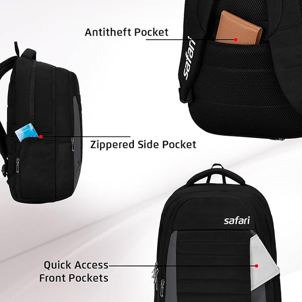 Safari Spade 01 Formal Laptop Backpack with 34L capacity Rain cover, Antitheft Pocket, 3 Compartments, Front Pocket, Smart Trolley Sleeve, Sturdy handle, Office Bag, College Backpack, Travel Bag, School Bag