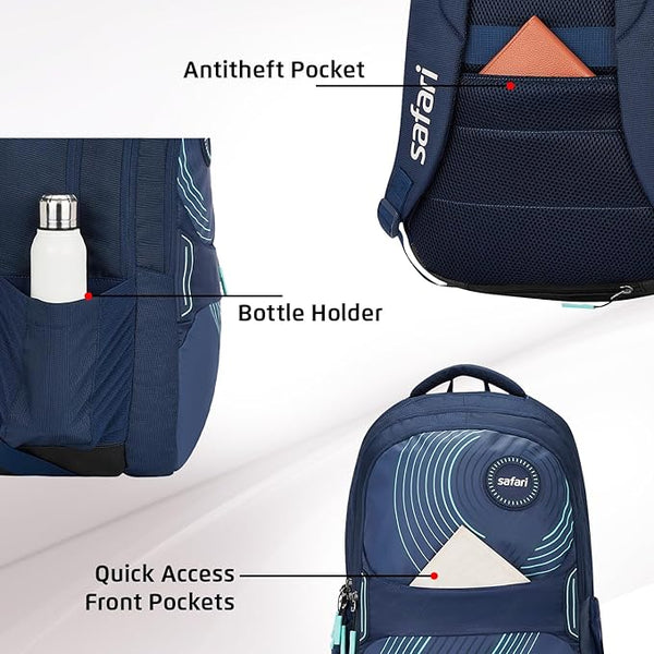 Safari Aura 37L Printed Laptop Backpack with Armor Base, Raincover, Antitheft Pocket, 3 Compartment, Bottle Holder, Front Pocket, Premium Pu Fabric, School & College Bag, Office Bag
