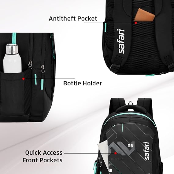 Safari Aura 37L Printed Laptop Backpack with Armor Base, Raincover, Antitheft Pocket, 3 Compartment, Bottle Holder, Front Pocket, Premium Pu Fabric, School & College Bag, Office Bag