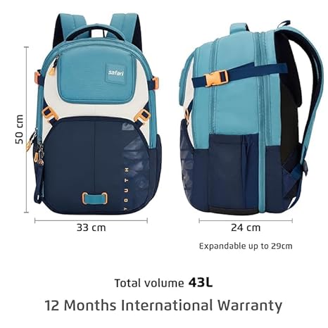 Safari Expand 13 Laptop Backpack with 43 Litres Armor Base, Raincover, 8 inch side Pockets, 3 Compartments, Bottle Holder,Compression straps & Organizer , School & College Bag, Office Bag