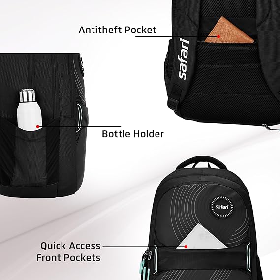 Safari Aura 37L Printed Laptop Backpack with Armor Base, Raincover, Antitheft Pocket, 3 Compartment, Bottle Holder, Front Pocket, Premium Pu Fabric, School & College Bag, Office Bag