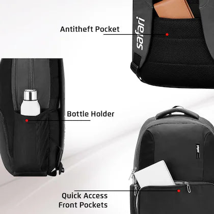 Safari Ace 30L Formal Laptop Backpack with Raincover, Antitheft Pocket, 2 Compartment, Front Pocket, Smart Trolley Sleeve, Office Bag, College Backpack, Travel Bag, School Bag