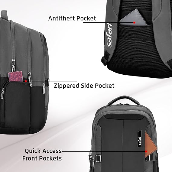 Safari Spade 02 Formal Laptop Backpack with 34L capacity Rain cover, Antitheft Pocket, 3 Compartments, Front Pocket, Smart Trolley Sleeve, Sturdy handle, Office Bag, College Backpack, Travel Bag, School Bag
