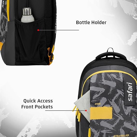 Safari Triplex 01 Casual Backpack with 37L capacity with Armor Base, 3 Compartments, Bottle Holder Pocket, Front Pocket, 8 inch side pocket, Improved back & shoulder straps,Printed School Bag for Boys and Girls, College Backpack, Office Bag, Travel Bag
