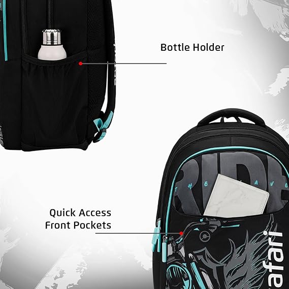 Safari Triplex 02 Casual Backpack with 37L capacity with Armor Base, 3 Compartments, Bottle Holder Pocket, Front Pocket, 8 inch side pocket, Improved back & shoulder straps,Printed School Bag for Boys and Girls, College Backpack, Office Bag, Travel Bag