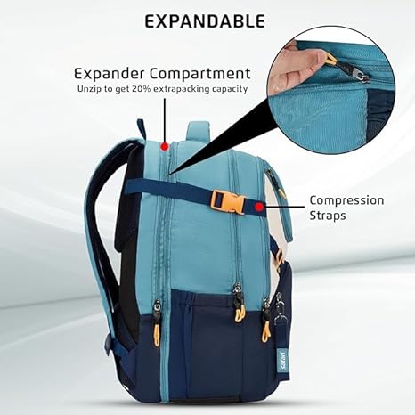 Safari Expand 13 Laptop Backpack with 43 Litres Armor Base, Raincover, 8 inch side Pockets, 3 Compartments, Bottle Holder,Compression straps & Organizer , School & College Bag, Office Bag