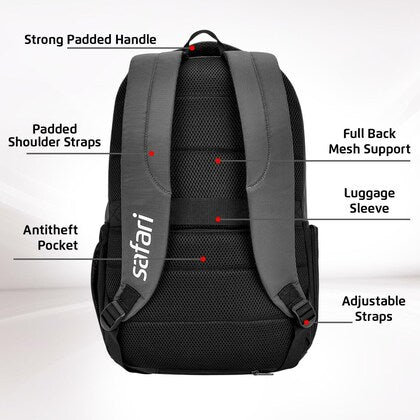 Safari Ace 30L Formal Laptop Backpack with Raincover, Antitheft Pocket, 2 Compartment, Front Pocket, Smart Trolley Sleeve, Office Bag, College Backpack, Travel Bag, School Bag