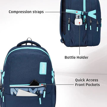 Safari Quadro 02 Casual Backpack with 43L Armour Base and Antitheft Pocket, 4 Compartments, Bottle Holder, Front Pocket, File Holder, School Bag, College Backpack, Office Bag, Travel Bag