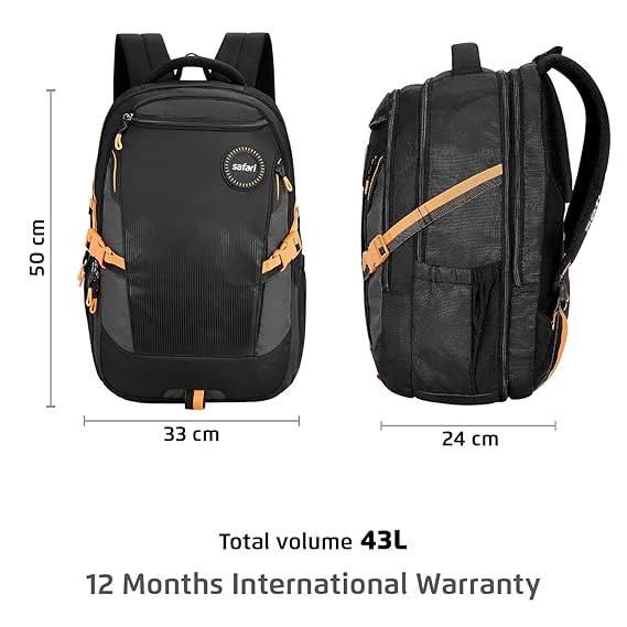 Safari Expand 15 Laptop Backpack with 43 Litres Armor Base, Raincover, 8 inch side Pockets, 3 Compartments, Bottle Holder,Compression straps & Organizer , School & College Bag, Office Bag