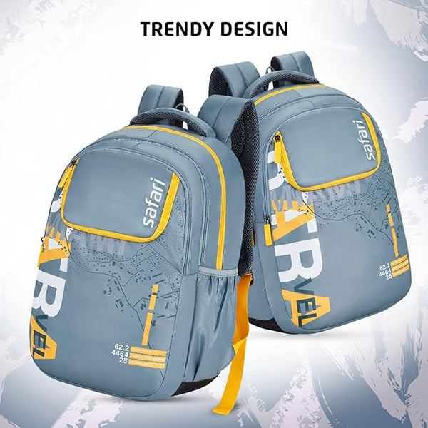 Safari Triplex 03 Casual Backpack with 37L capacity with Armor Base, 3 Compartments, Bottle Holder Pocket, Front Pocket, 8 inch side pocket, Improved back & shoulder straps,Printed School Bag for Boys and Girls, College Backpack, Office Bag, Travel Bag