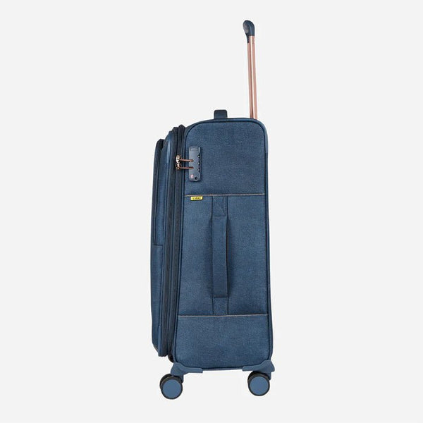 Safari Denim Plus Anti Theft Soft luggage and TSA lock, Dual wheels , Securi Zipper and Detailed Interiors with Wet Pouch 59 (CM) Cabin bag - Genx Bags Online