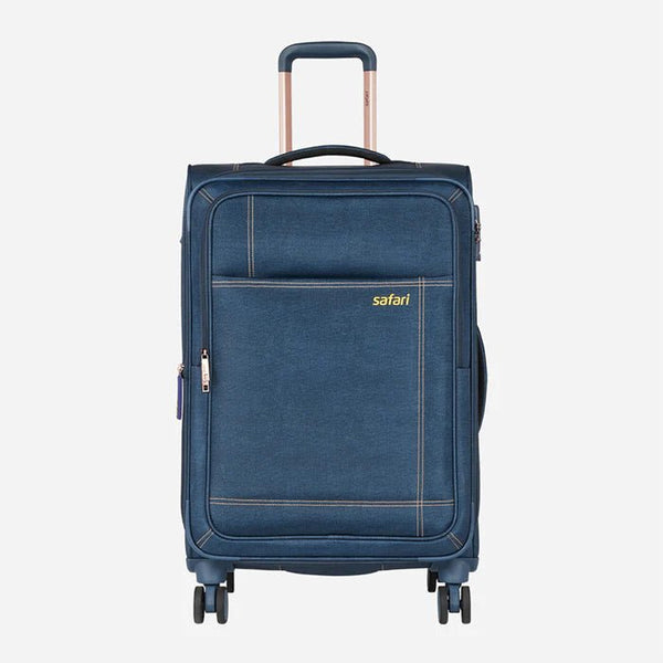Safari Denim Plus Anti Theft Soft luggage and TSA lock, Dual wheels , Securi Zipper and Detailed Interiors with Wet Pouch 70 (CM) Medium bag - Genx Bags Online