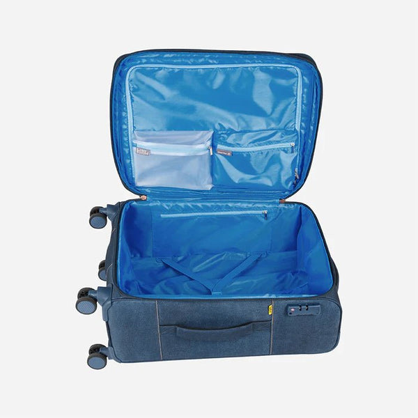Safari Denim Plus Anti Theft Soft luggage and TSA lock, Dual wheels , Securi Zipper and Detailed Interiors with Wet Pouch 70 (CM) Medium bag - Genx Bags Online