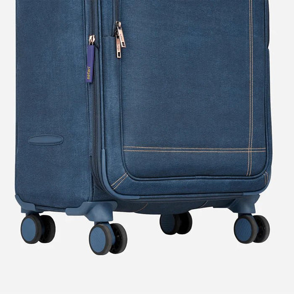 Safari Denim Plus Anti Theft Soft luggage and TSA lock, Dual wheels , Securi Zipper and Detailed Interiors with Wet Pouch 80 (CM) Large bag - Genx Bags Online