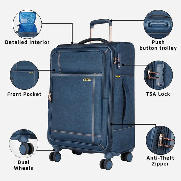 Safari Denim Plus Anti Theft Soft luggage and TSA lock, Dual wheels , Securi Zipper and Detailed Interiors with Wet Pouch 80 (CM) Large bag - Genx Bags Online