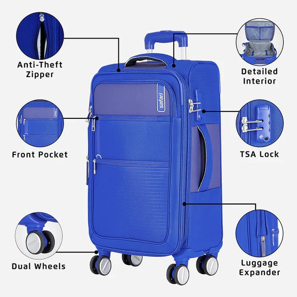 Safari Jetsetter Anti Theft Expandable Soft Luggage with Securi Zipper, TSA lock and Dual Wheels 59 (CM) Cabin bag - Genx Bags Online