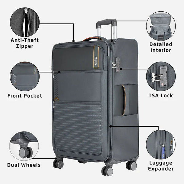 Safari Jetsetter Anti Theft Expandable Soft Luggage with Securi Zipper, TSA lock and Dual Wheels 59 (CM) Cabin bag - Genx Bags Online
